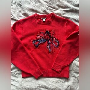 Lewit Cashmere Red Floral Embroidered Sweater Crewneck Knit Size XS